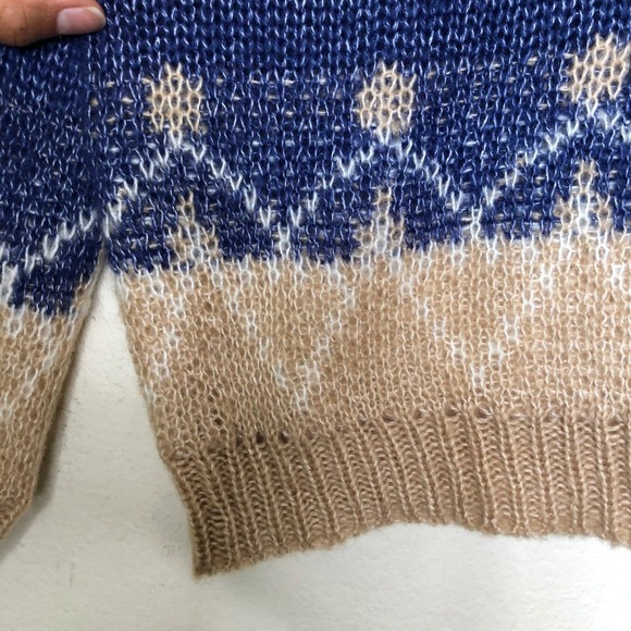Mohair Knit Sweater XL Blue Beige Diamond Pattern Pullover Cozy Warm - Picture 9 of 14